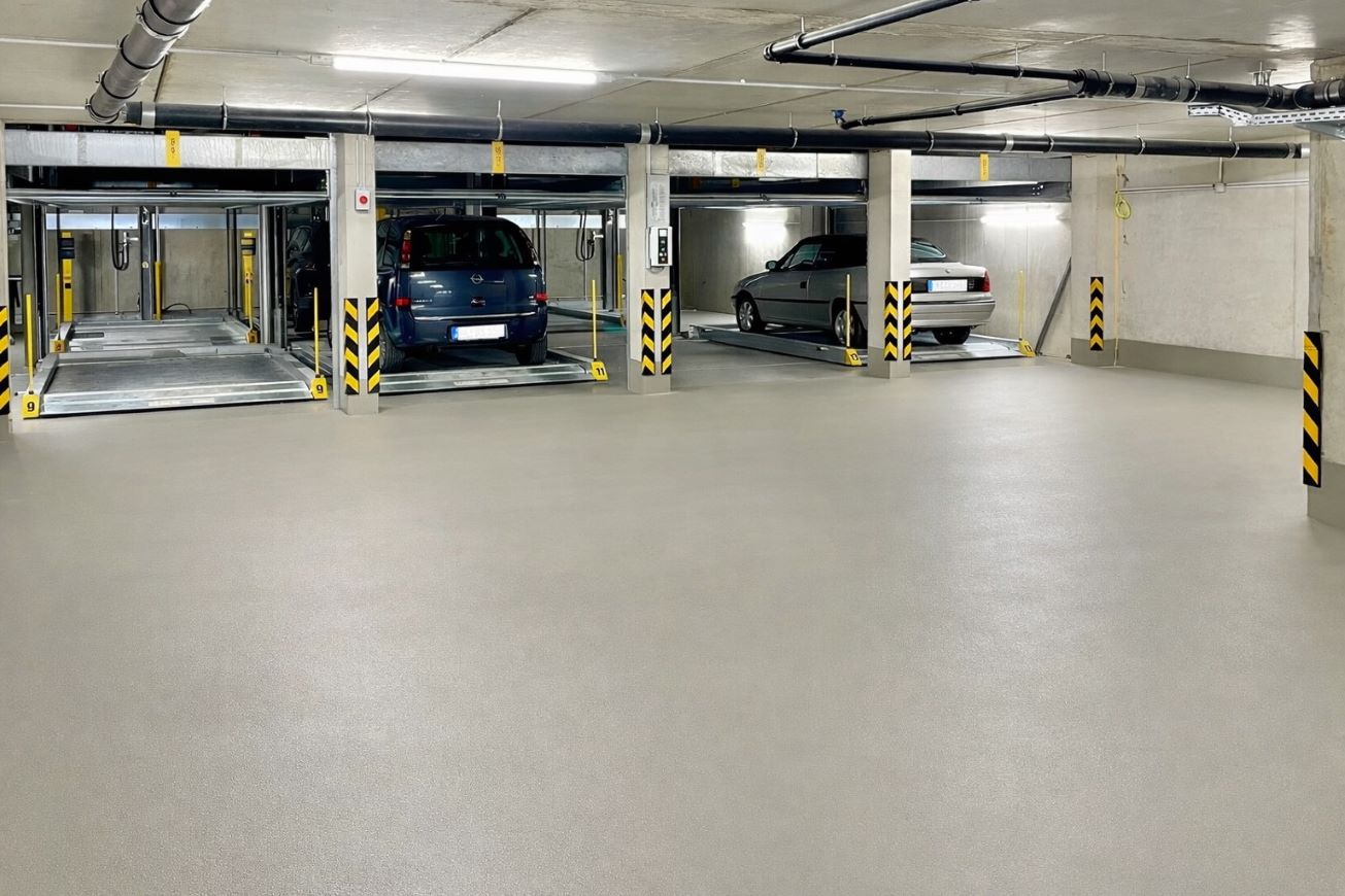 500 m² Tiefgarage in Dortmund nach Betonfräsen, Kugelstrahlen, Verbundestrich und OS8
